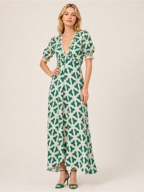 SALONI Lea Smocked Pink and Green Floral Print Maxi Dress size 4